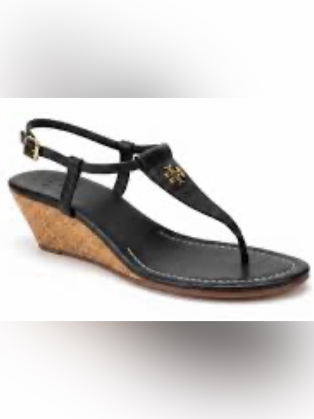 Tory Burch Black Leather Wedge Thong Sandals with Gold Logo Accent Size 5.5 M